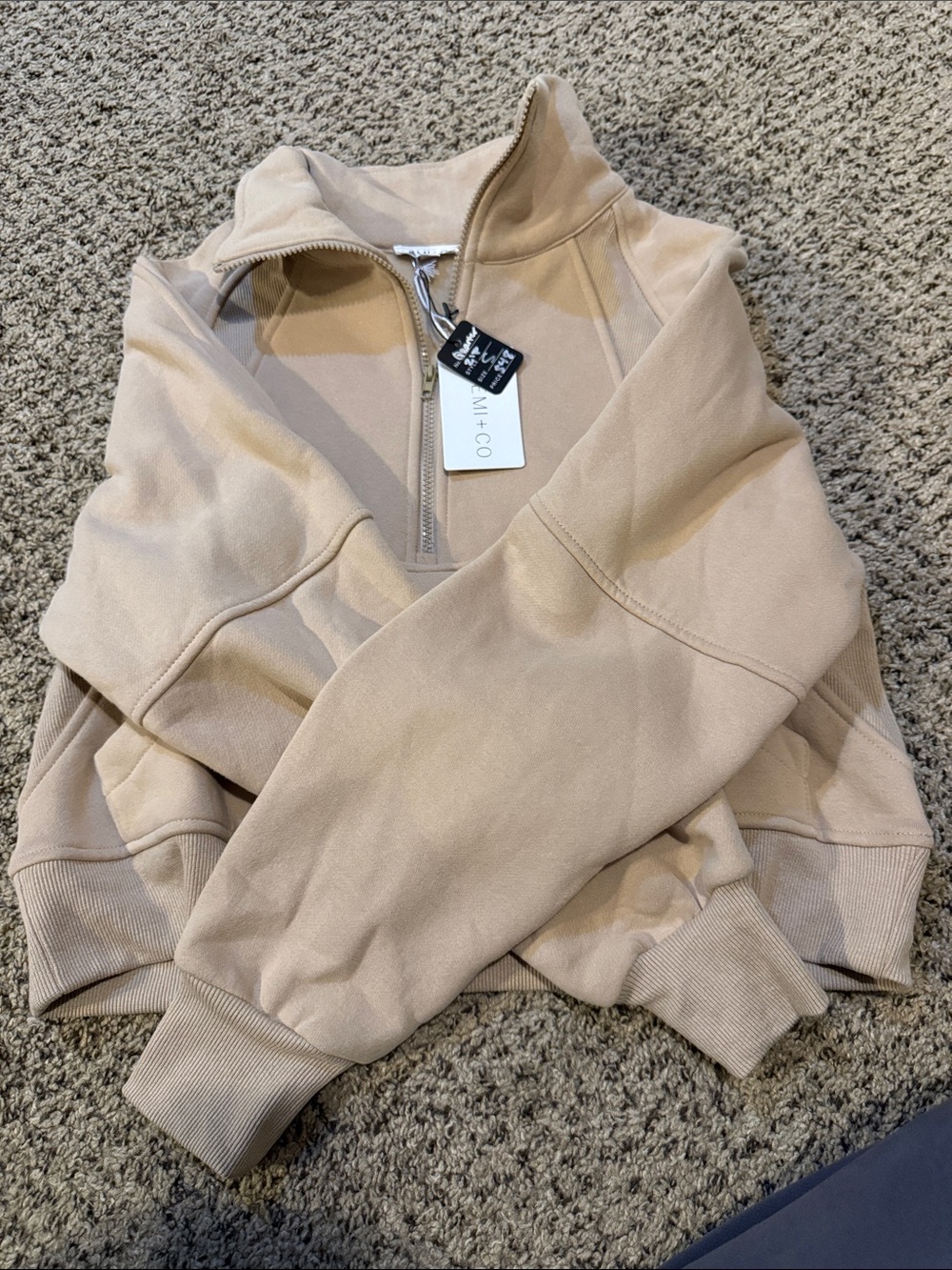AEMI + CO Beige Quarter Zip Cropped Sweatshirt NWT Size S